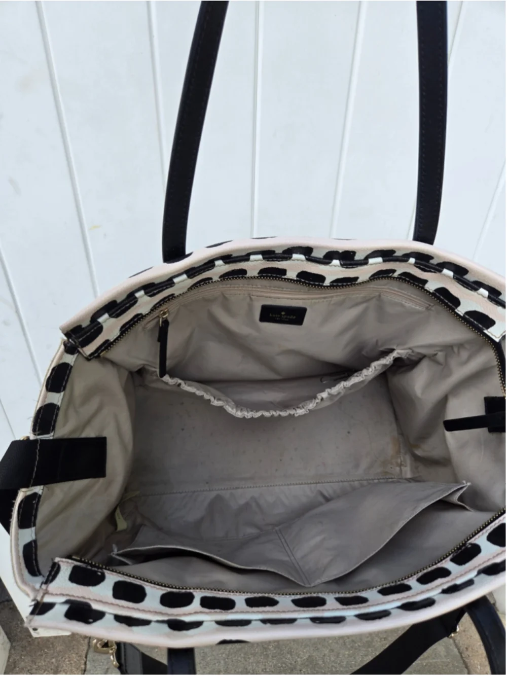 Kate Spade Large Dot Print Tote Bag Black Cream Nylon Crossbody Shoulder Bag